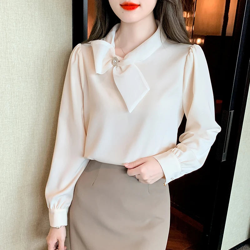 2025 Fashion Long Sleeve O-Neck Women Blouse Solid Bow Chiffon Elegant Blouse Shirt Women Tops Blusas De Mujer Camisas N674