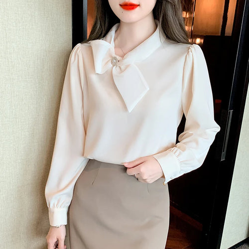 2025 Fashion Long Sleeve O-Neck Women Blouse Solid Bow Chiffon Elegant Blouse Shirt Women Tops Blusas De Mujer Camisas N674