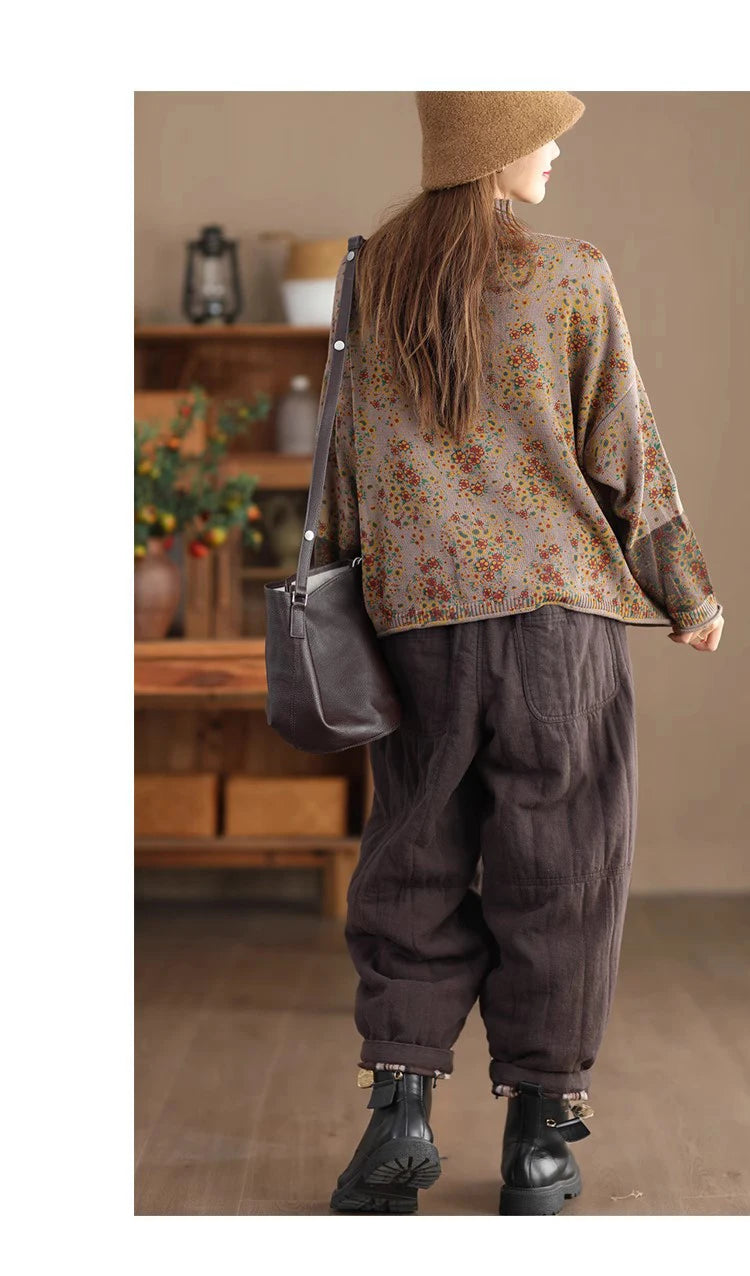 Winter Fall Fashion Vintage Floral Printed Half-turtle Neck Sweater for Women 2025 New Fashion Long Sleeve Loose Casual Knitwear