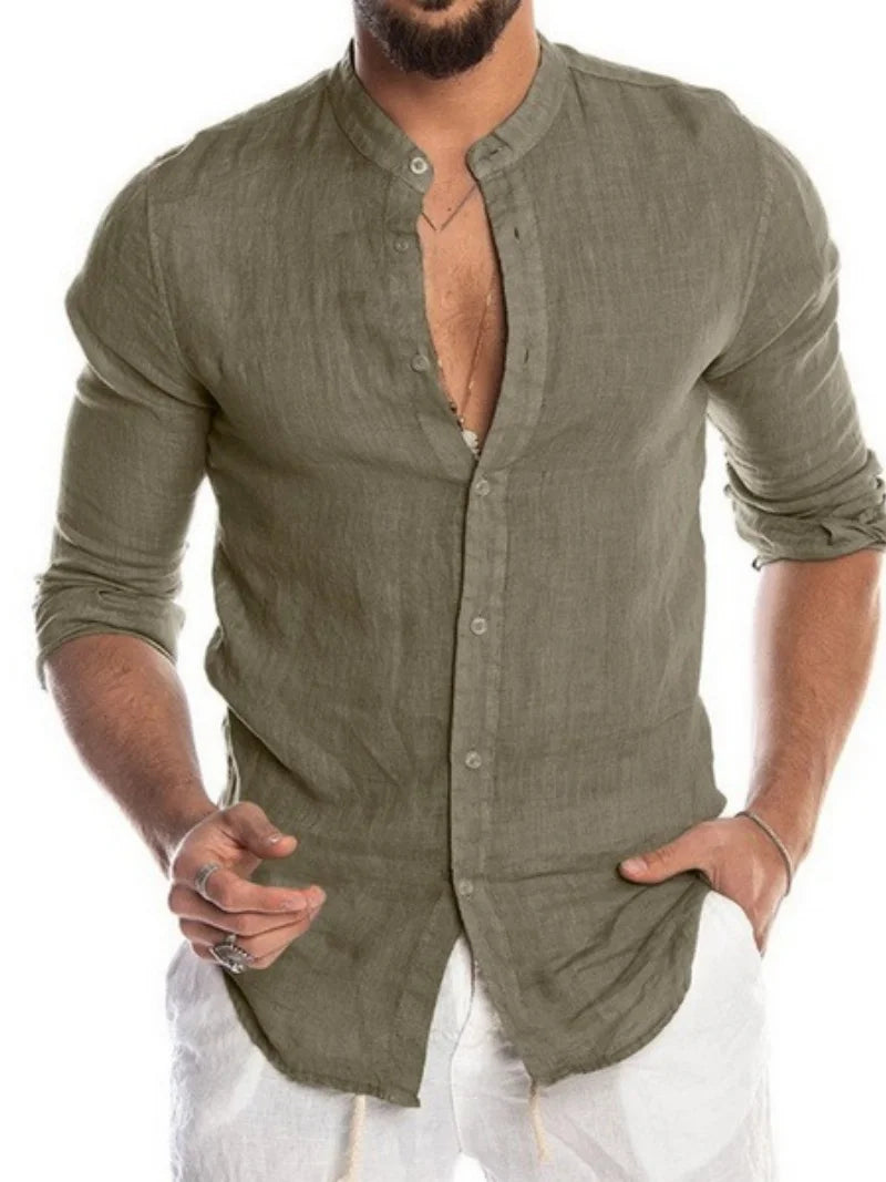 Men's Long Sleeve Linen Blend Button Down Shirt with Stand Collar Casual Lightweight Summer Top