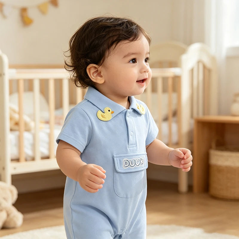Cute Duck Baby Romper Summer Cotton Short Sleeve Polo Collar Infant Onesie Soft Breathable Newborn Jumpsuit for Boys Girls 0-18M