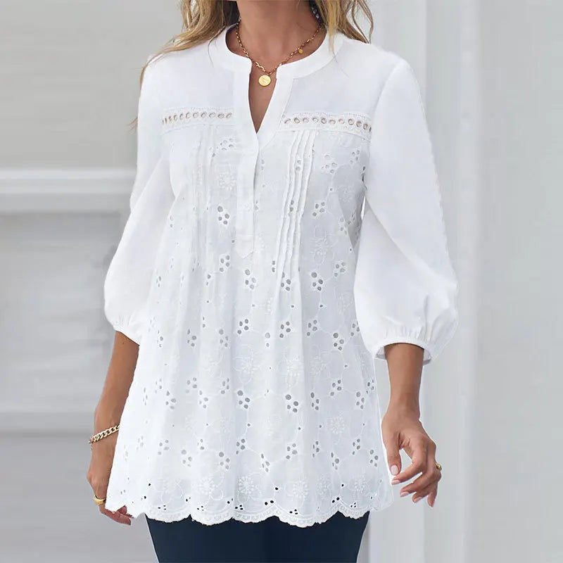 Women's Fashion Shirt Top White Lace Hollow Out V-Neck Pullover Casual Loose Shirt Tops Summer Elegant Office Womens Clothing