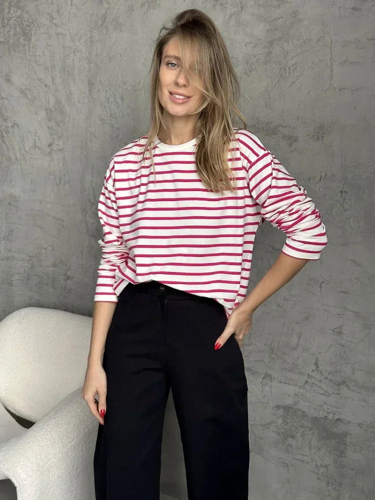 Wolfeel 2025 Summer Long Sleeve Striped T-Shirts Women Basic Casual Tops Female Cozy Loose Cotton Tees Harajuku T Shirt New
