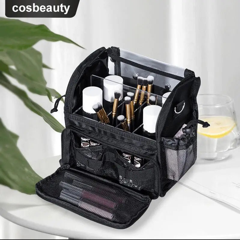 Travel Makeup Case With Acrylic Divider Organizer Storage with Makeup Brush Holder Case Stand-up Cosmetic Bag Artist Travel Bag