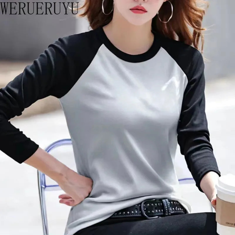 Long Sleeve T-shirt Womens Y2k Clothes Autumn Winter Harajuku Casual Tops Solid Color Stitching Elegant T-shirts for Women 2025