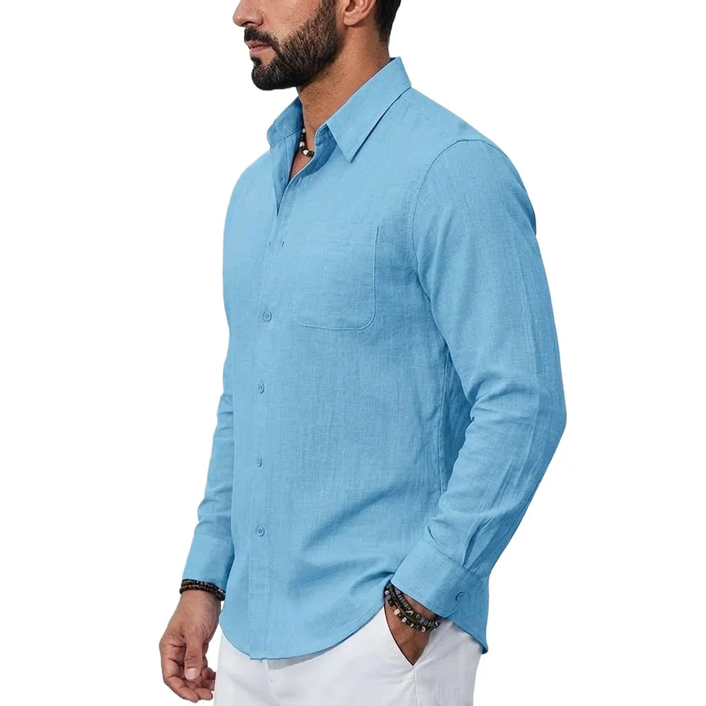 Mens New Premium Long Sleeve Linen Shirts Breathable Cotton Tops Elegant Lapel Button Hawaiian Tees Perfect Wear for Modern Men