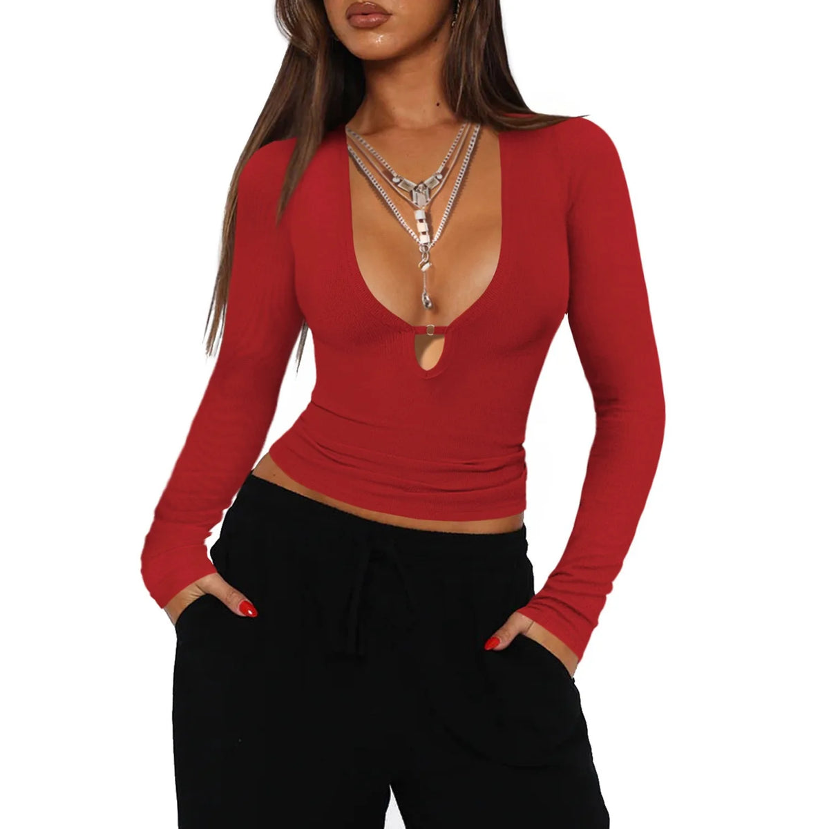 2025 Fall Winter New Fashion Women's Tops T-shirt V-neck Hollow Out Sexy and Fashionable Slim Fit Long Sleeved Y2k Clothing