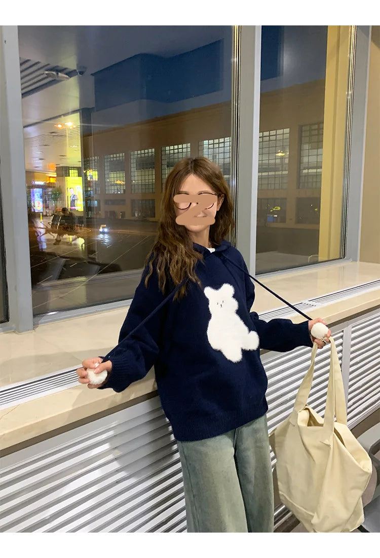 Cartoon Hooded Long Sleeve Sweater 2025 Autumn New Design Loose Top for Women
