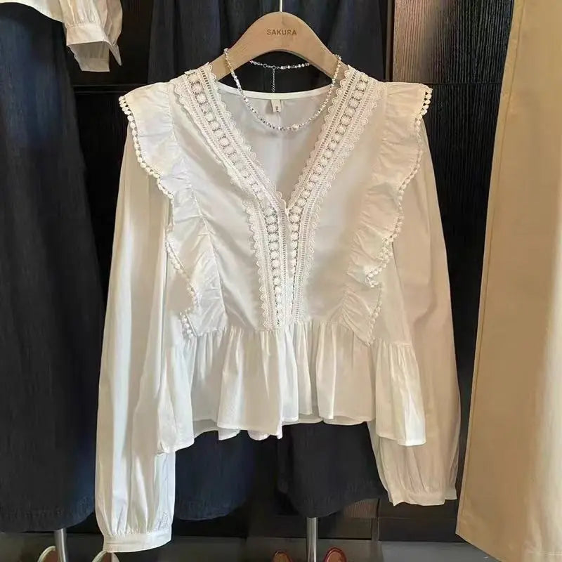 Shirts for Women Autumn 2025 New Ruffled Wrap Irregular Long Sleeve Casual Top V-Neck Solid Female Fashion Blouse Korean Fashion