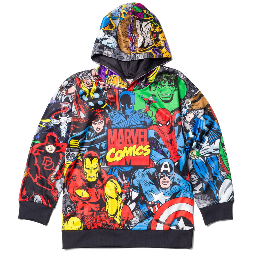 Marvel Avengers Toddler Boys Hoodie featuring Spider-Man, Venom, Iron Man, and other characters.